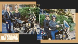 Pastor Jim and wife on a Honda motorcycle in leather jackets.